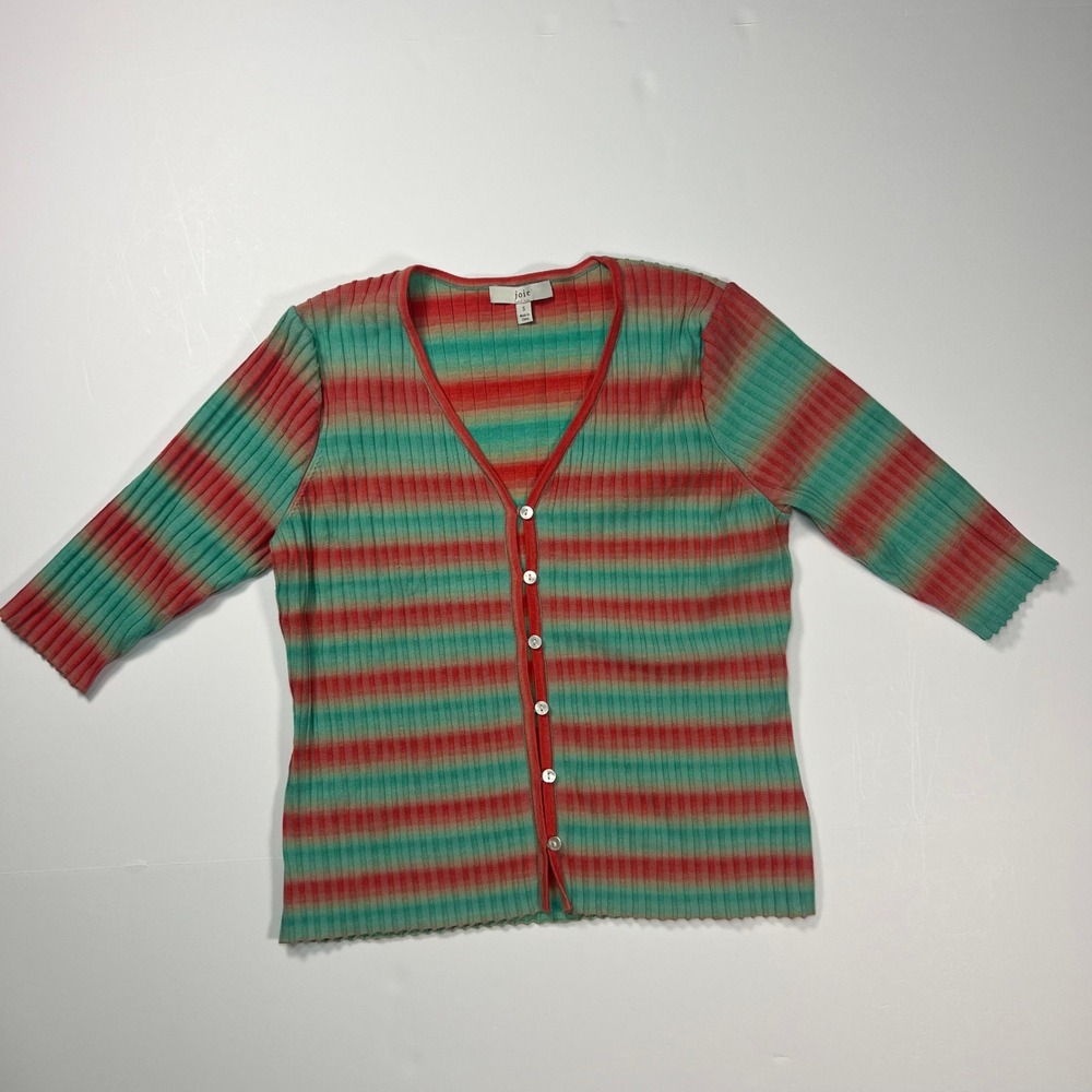 Joie Cardigan Small Striped Ribbed V-Neck 3/4 Sleeve Sweater Y2k Autumn Boho